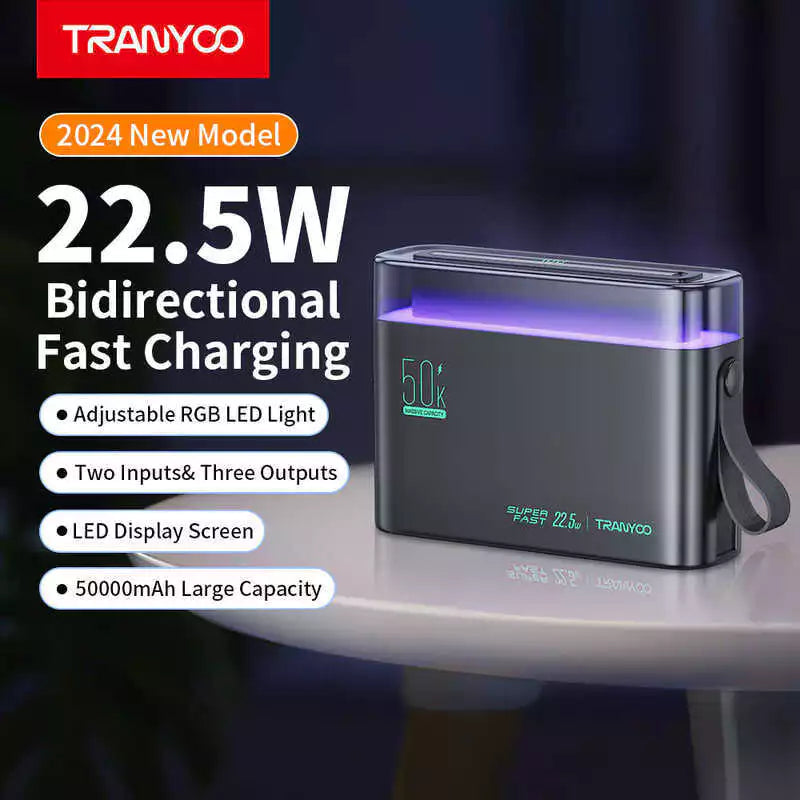 Tranyoo L5 50000mAh 22.5W Powerbank Original Bidirectional Fast Charging With Colorful LED lights
